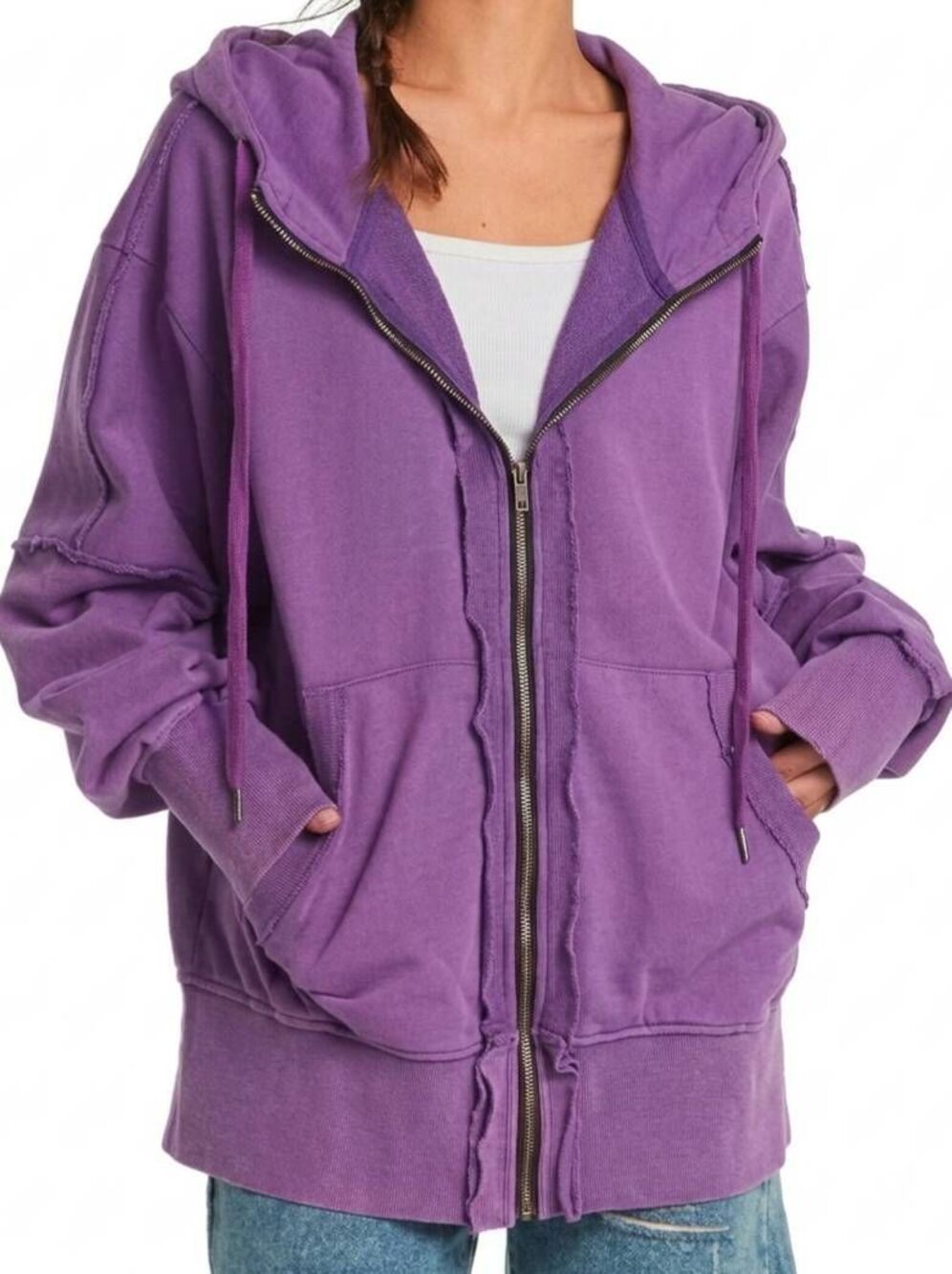 ☔️🩵NWT Purple Raw Seam Oversized Zipper Hoodie Small